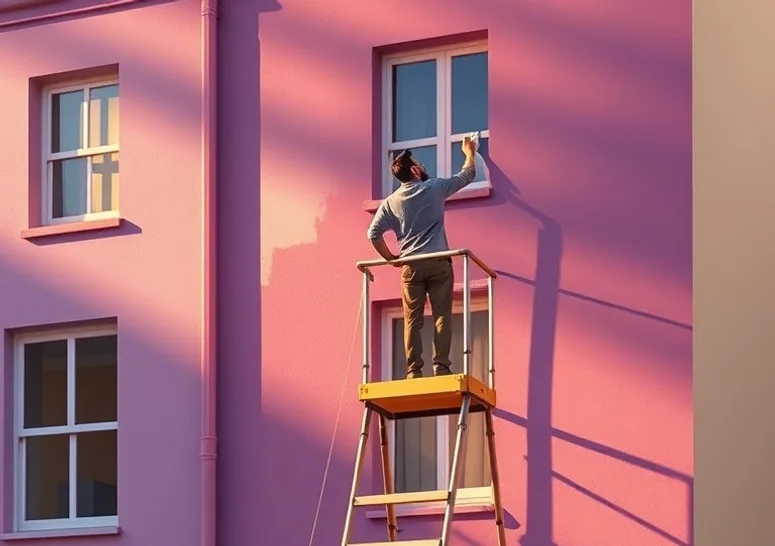 Peintre sur échafaudage traitant la façade d'une maison