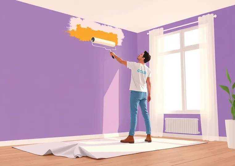 Peintre appliquant la peinture au rouleau sur un mur de salon